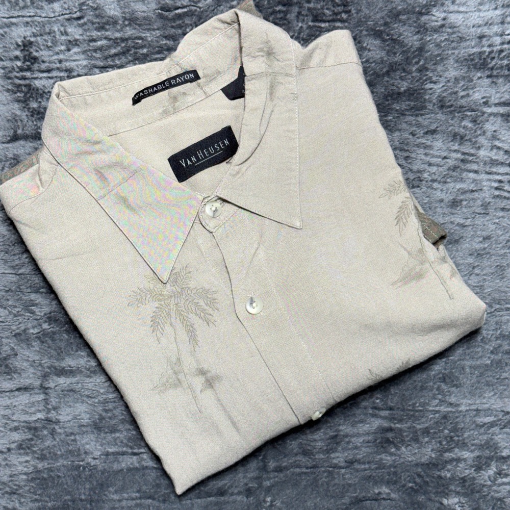 Van Heusen Button Down Shirt‎ Mens XL Tan Ombre Palm Tree Rayon